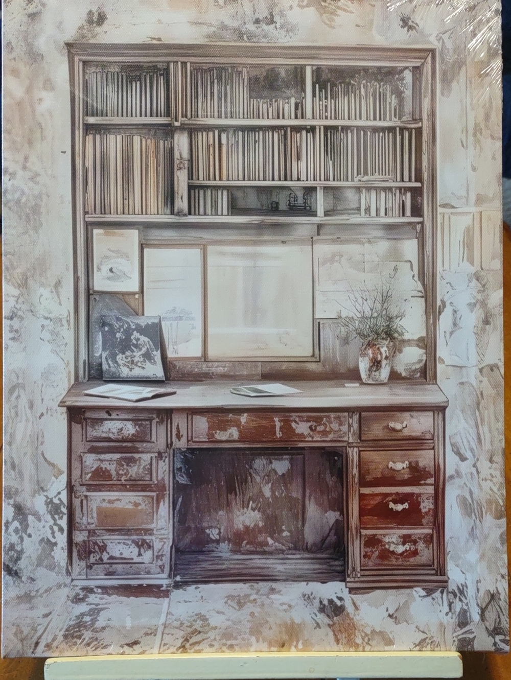 🎈Canvas Print Vintage-look Desk and Bookshelf Wall Art - Beige and Brown